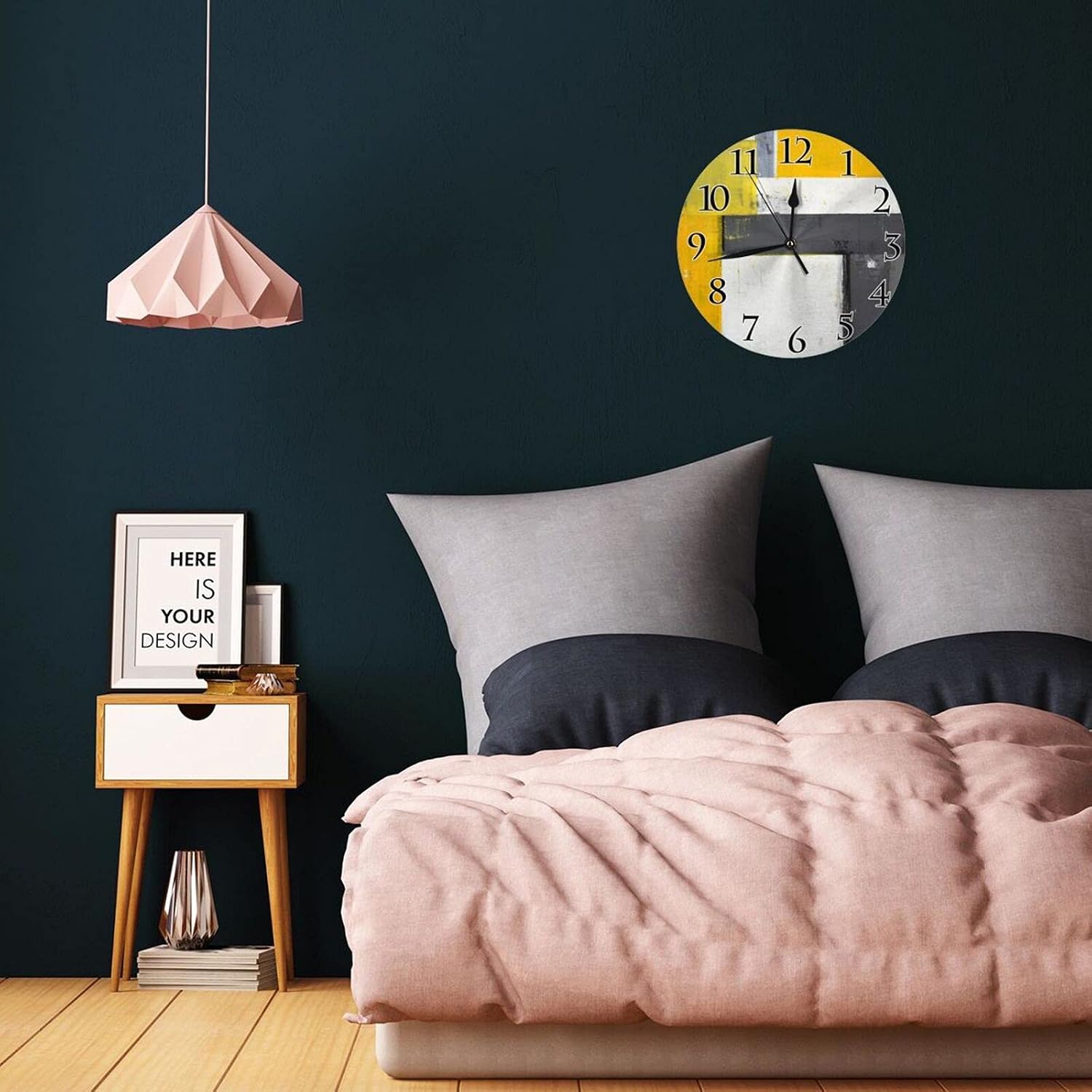 Grey and Yellow Decorative Wooden Wall Clock, Street Modern Rock Abstract Rustic Round Shape-Silent Desk Gift for Loved Ones, Friends, Couples -10 inches Quality Quartz Battery Operated