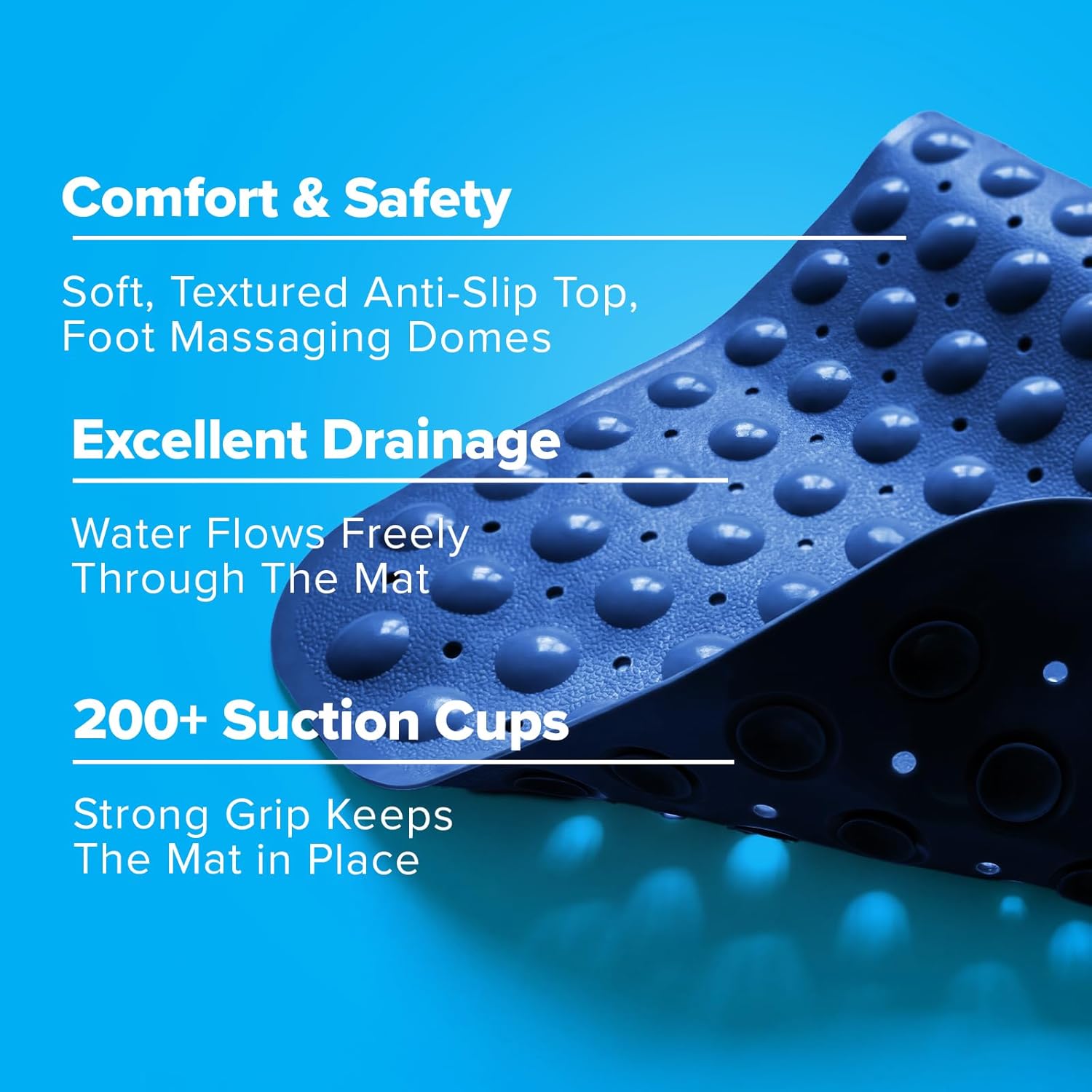 SlipX Solutions Power Grip Extra Long Bath Tub & Shower Mat 39x16, Wet Floor Non-Slip for Elderly & Kids Bathroom, 30% Longer Bathtub Mats, 200 Suction Cups, Drain Holes (1, Navy)
