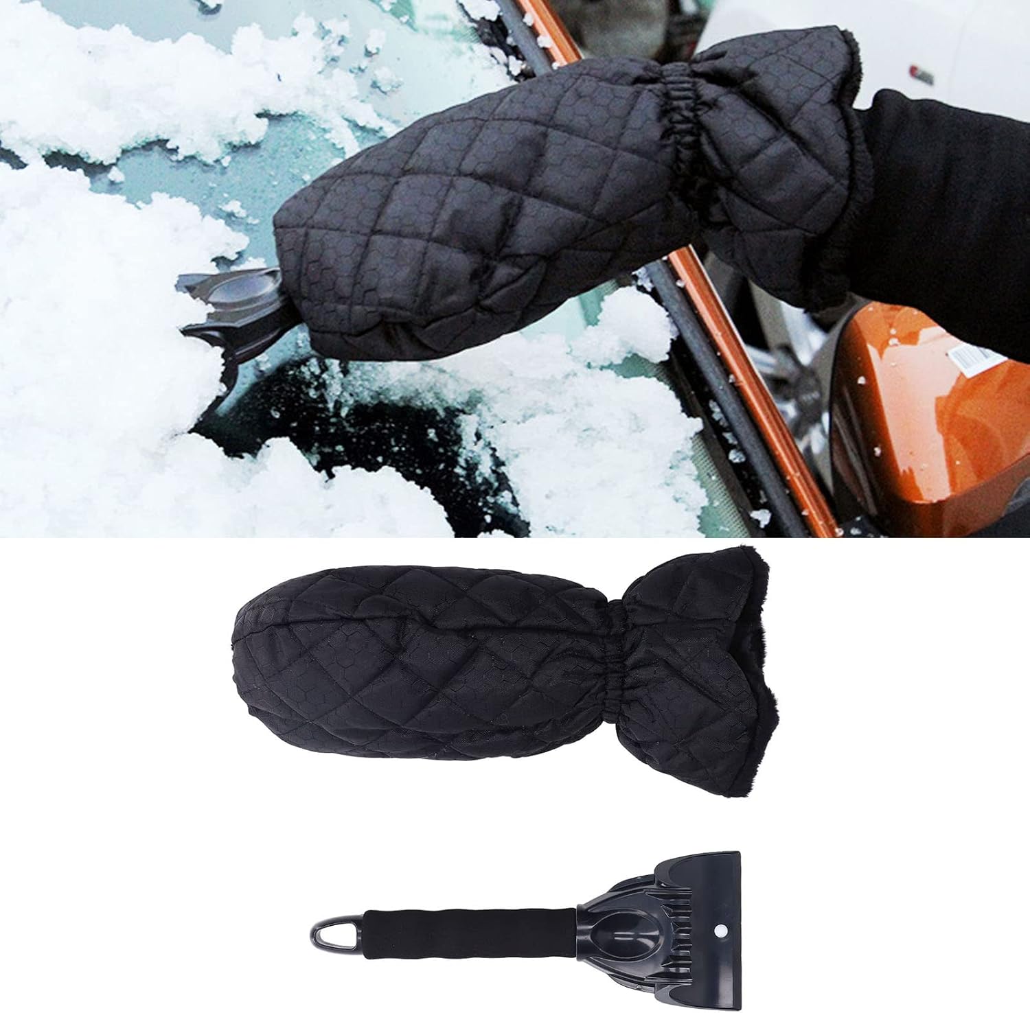 Ice Scraper Mitt For Car Windshield, Waterproof Ice Scraper Mitt 2 In 1 Design Elastic Band Design Easy To Hold Convenient Cold Proof Car Snow Scraper Glove, Ice Scraper With Glove For Car(Warm black)