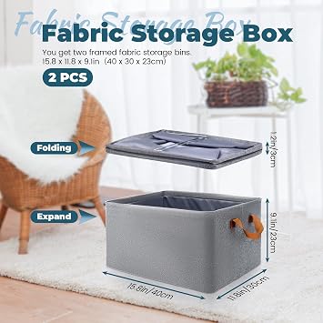 2 Pack Storage Baskets for Shelves with Steel Frame, Fabric Closet Organizers and Storage Bins 2 Handles, Decorative Foldable Cubes for Organizing Clothes (40 x 30 x 23cm)