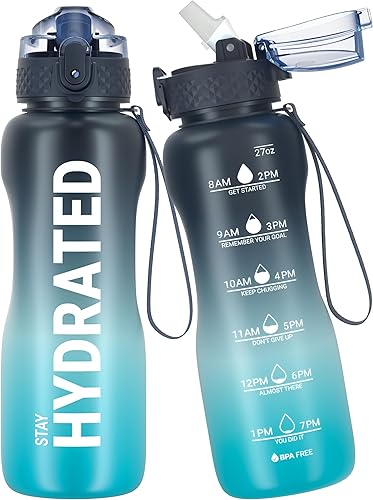 Miniatura 1 de Gohippos Botellas de agua con tiempos para beber, botella de agua de 27 onzas con pajilla, botella de agua motivacional para gimnasio, escuela,
