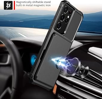 for Samsung Galaxy S21 Ultra Case with Card Holder, Compatible with Magnetic Car Mount, Heavy Duty Shockproof Rugged Soft TPU Back Leather Flip Wallet Cover 6.8 inch, Black
