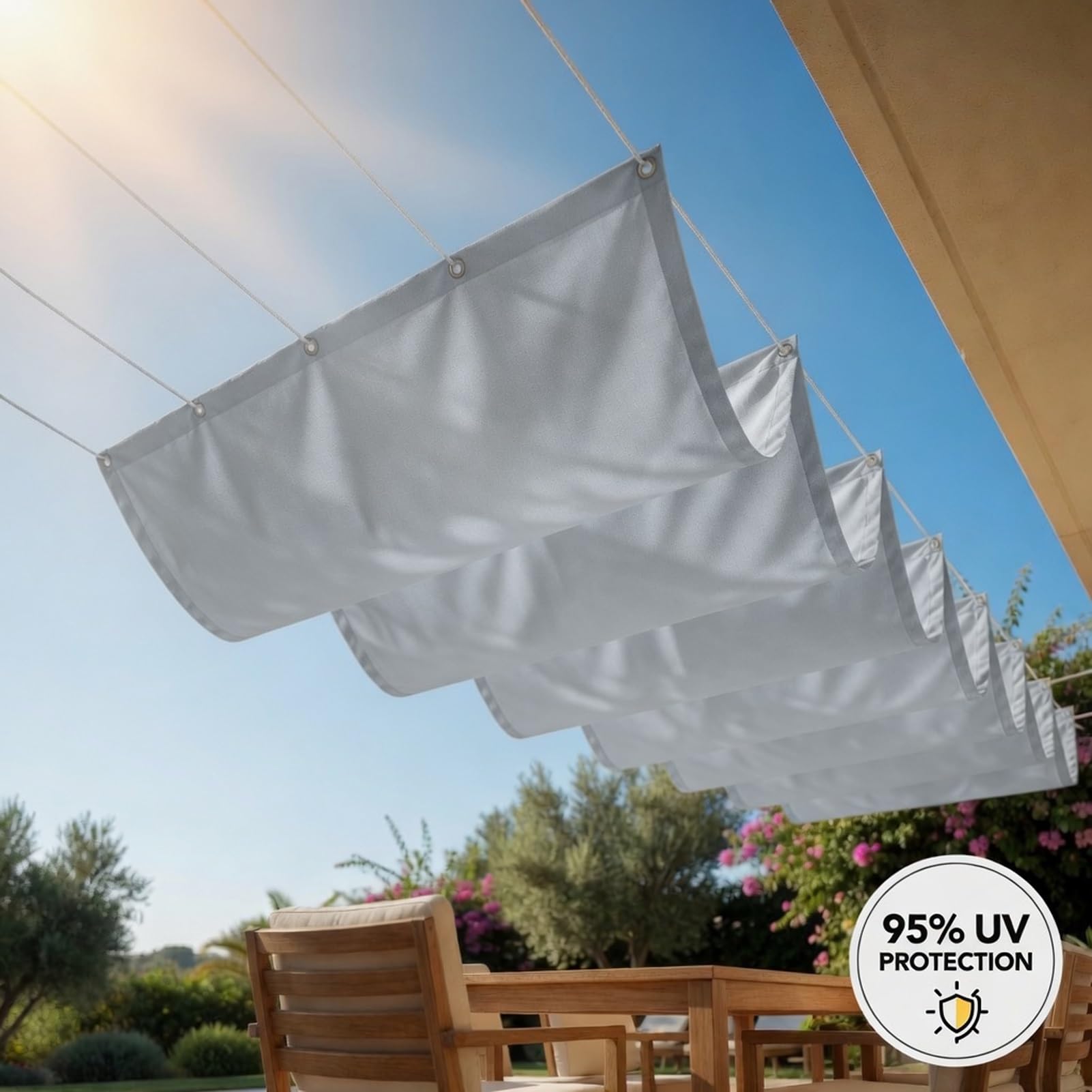 Einziehbare Welle Sonnensegel 2.6 x 7 m 95% Uv-Schutz Wasserdicht Verstellbar Schattenabdeckung Segeltuch PES Polyester Schattenspender für Außenbereich, Garten, Hellgrau