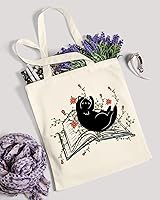 Vista 7 de AUSVKAI Bolsa de lona estética para mujer, lindas bolsas de algodón reutilizables de tela para compras, playa, comestibles, Libro de flores de gato