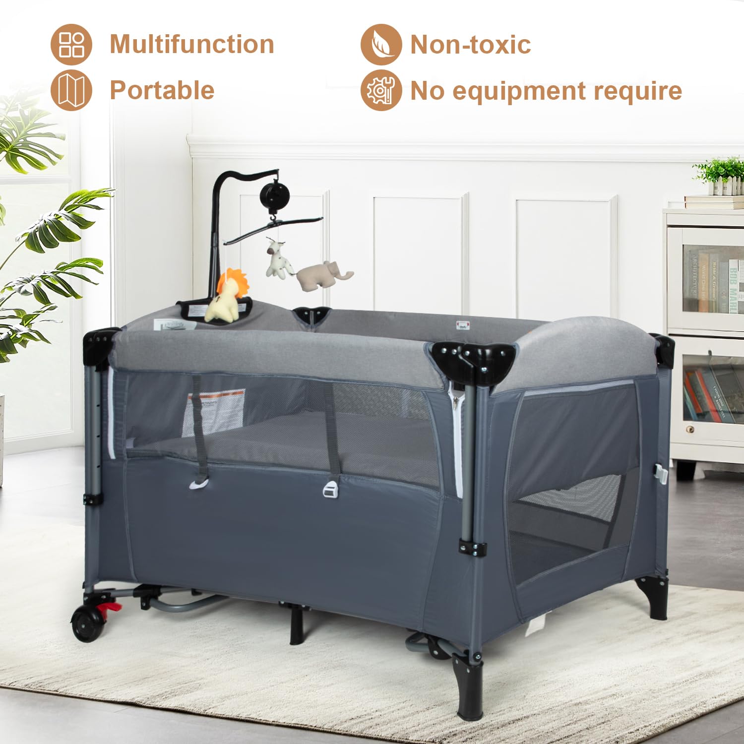 5-in-1 Pack and Play Portable Crib for Baby,Multifunction Bedside Crib from Newborn to Toddlers,U-Shaped Diaper Changer,Playard,Safety Strap,Carry Bag