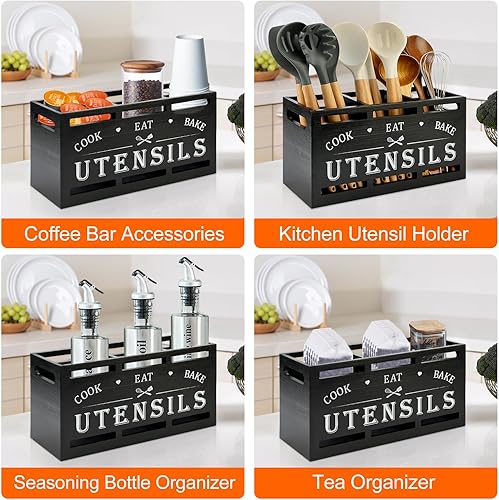 Miniatura 7 de Organizador Porta Utensilios de Madera Negra Extra Grande Decoración de Cocina Estilo Granja Porta Cubiertos y Espátulas Caddy de Cubiertos Porta