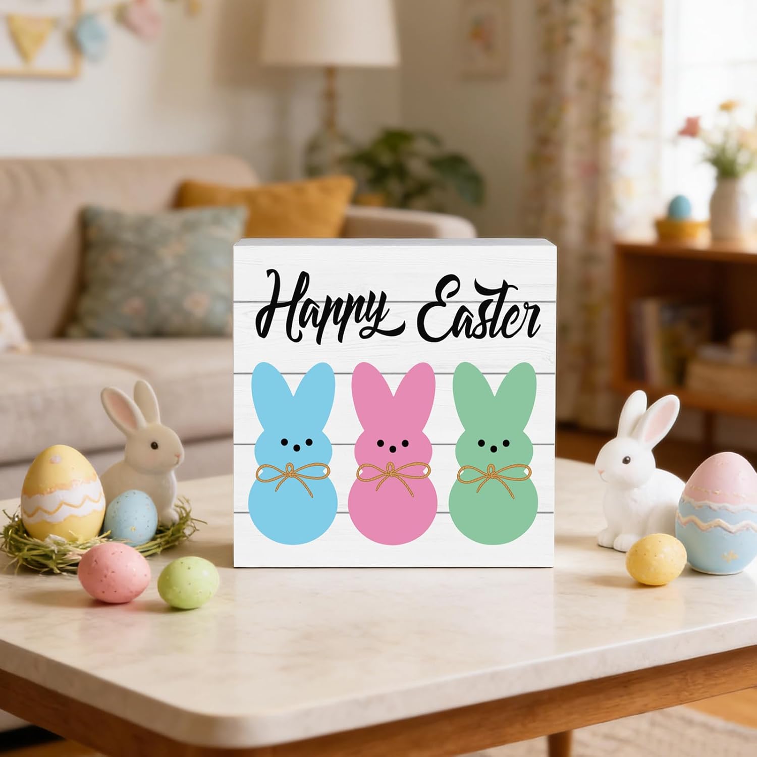 Easter Table Decorations Easter Decorations Indoor Home Room Office Bathroom Wood Box Sign Rustic Bunny Wooden Shelf Desk Decor Season Sign House Warming Gifts 5.9 x 5.9 Inch Style 2