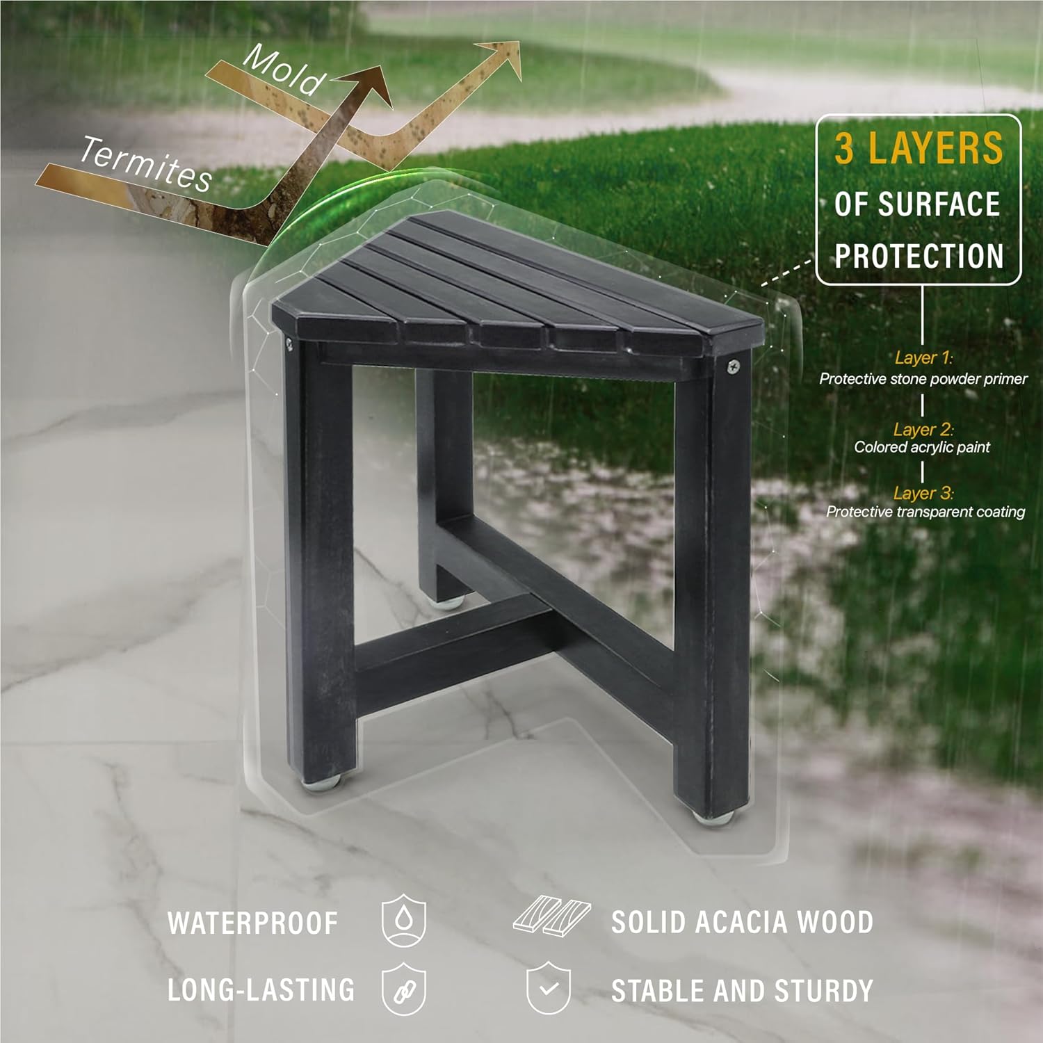 SENSUNIQ Shower Foot Rest for Shaving Legs | Rustic Black Triangle Bathroom Bench, 12 in x 14 in x 13.8 in, Wooden Shower Stool with 2-Tier Storage Shelf, Easy to Assemble