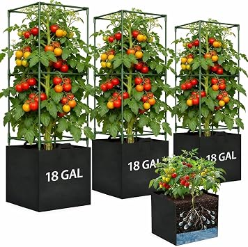 Tomato Cages for Garden, Tomato Planter with Trellis, 48in Tall Square Tomato Trellis with 18 Gallon Grow Bags, Patio & Balcony, Metal Tomato Cage for Tomatoes Cucumbers Peas Climbing Plants, 3 Pack
