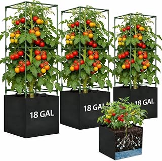 Tomato Cages for Garden, Tomato Planter with Trellis, 48in Tall Square Tomato Trellis with 18 Gallon Grow Bags, Patio & Balcony, Metal Tomato Cage for Tomatoes Cucumbers Peas Climbing Plants, 3 Pack