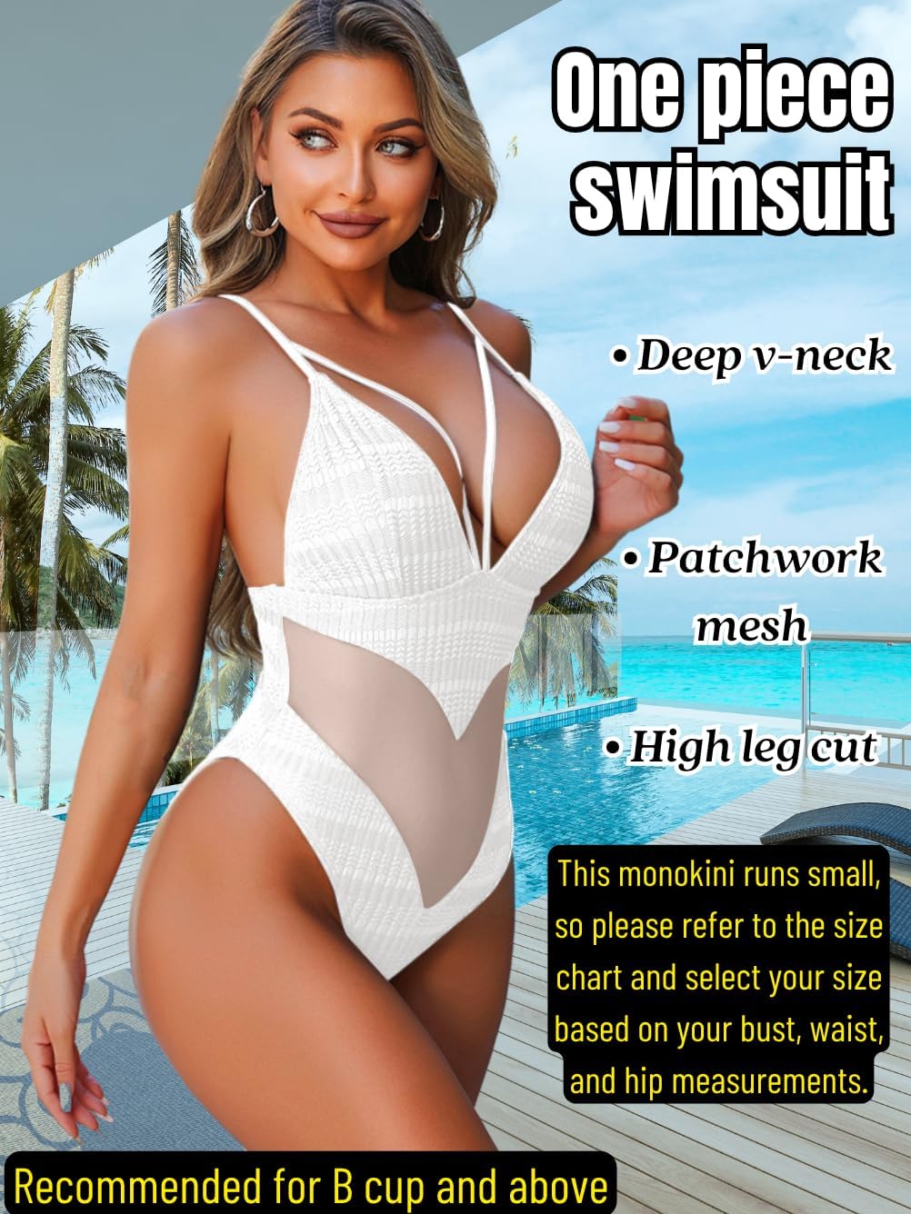 Sexy One Piece Monokini for Women, Cheeky High Leg Deep-V Neck Swimsuits, Strappy Mesh Low-Back Bathing Suit - Image 2