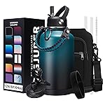 Half-gallon Insulated Water-Bottle with Straw - Stainless Steel Thermo Jug with Spout Straws Lids, Paracord Handle & Bottle Sleeve, 64OZ Vacuum Thermo Water Bottle for Camping Trip