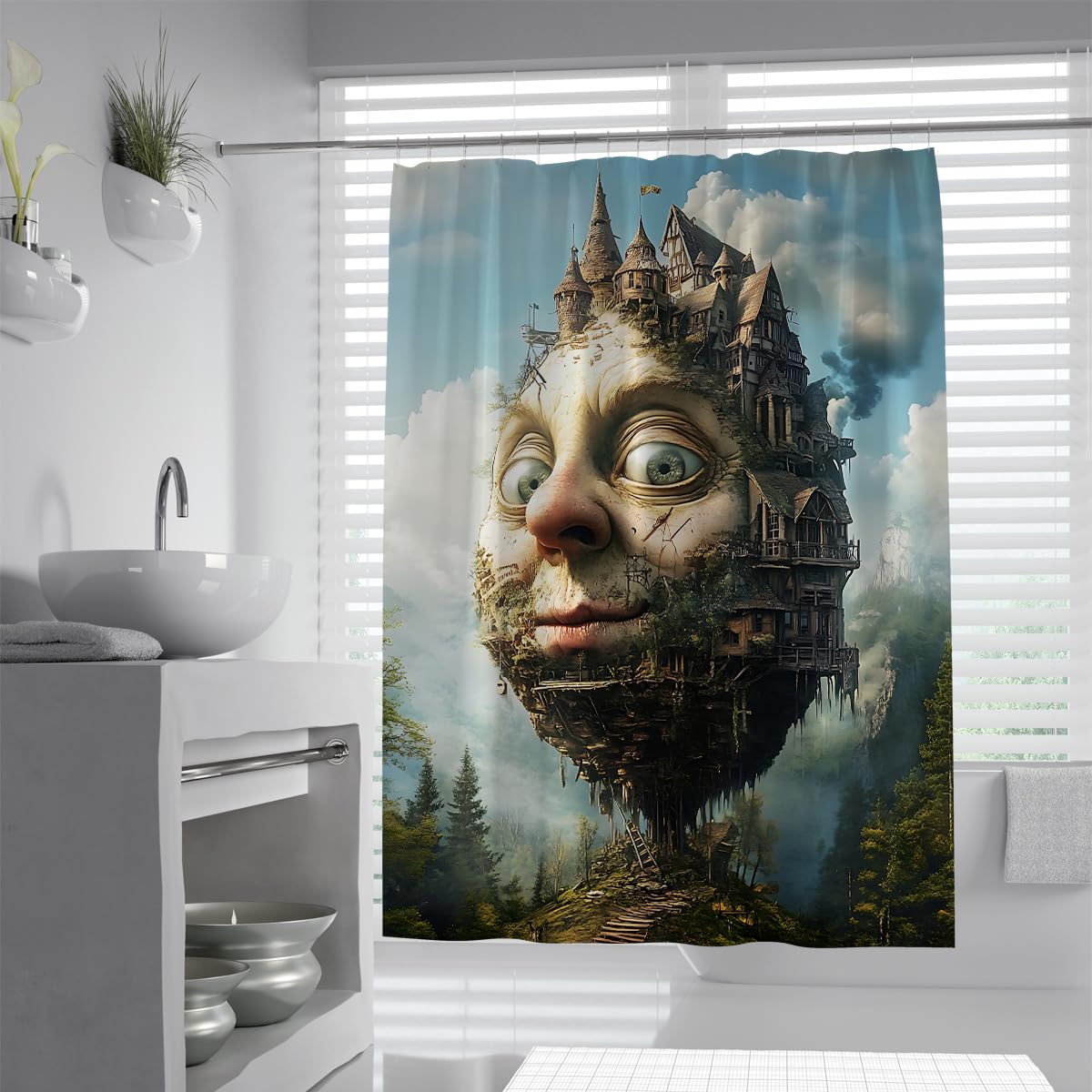UIRINGART Surrealist Art Shower Curtain W120xL200cm Unique Steampunk Village Landscape Fabric Bath Decor Rustproof Grommets Washable Bathroom Curtains with Hooks