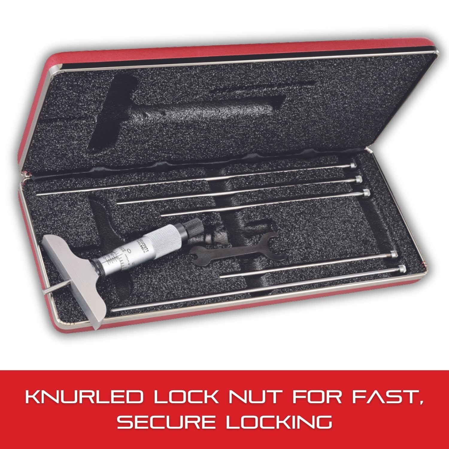 Starrett Micrometer Depth Gage a Combination Ratchet and Speeder in Case - Plain Thimble, 0-6" Range, .001" Graduation, 2-1/2" Base - 6 Rods - 440Z-6L