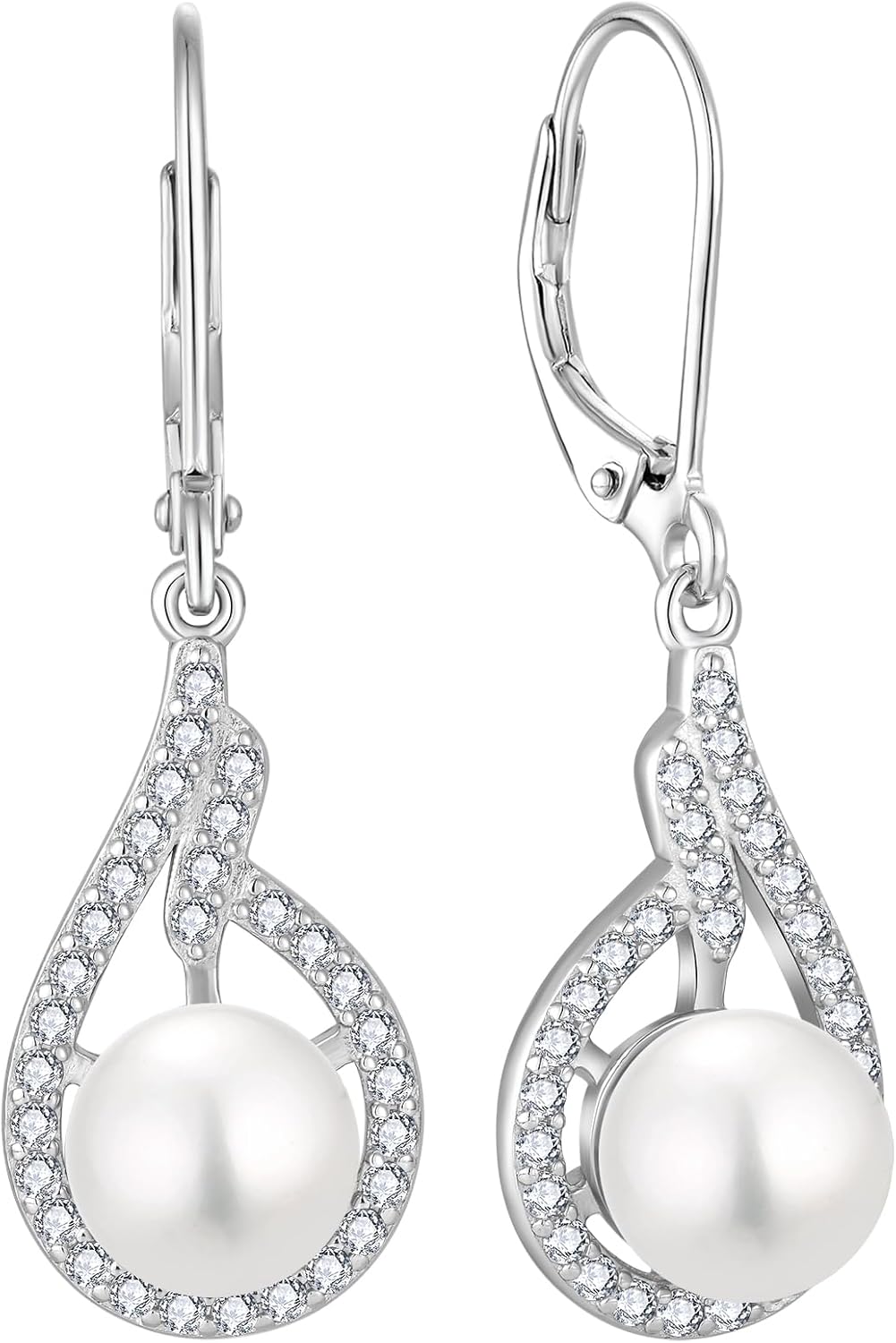 Women 925 Sterling Silver Freshwater Pearl Leverback Drop Dangle Earrings 5A Cubic Zirconia Jewelry for Her
