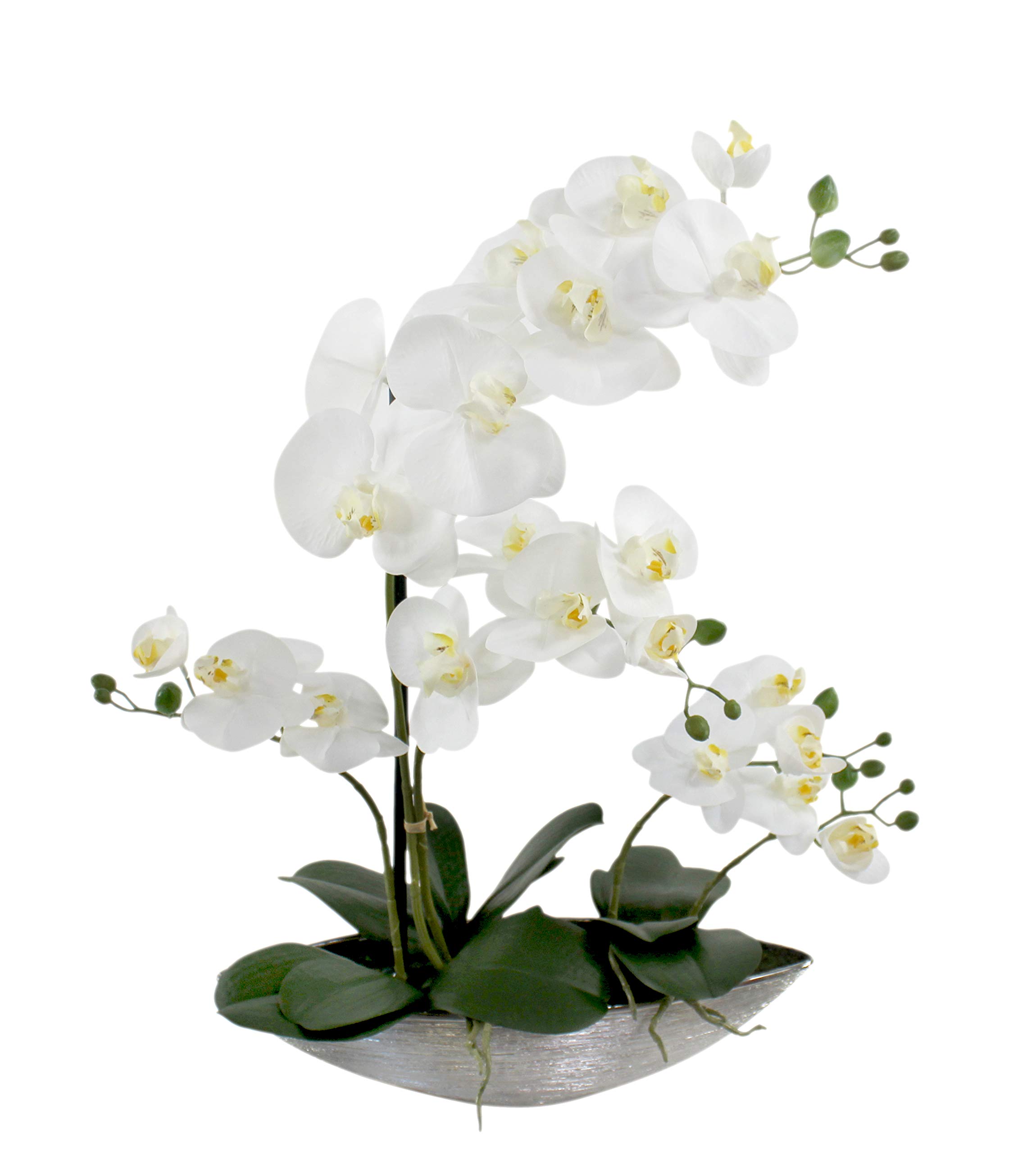 DARO DEKO Kunst-Pflanze Orchidee Schiffchen Topf Silber glänzend und weiße Blüten 53cm hoch