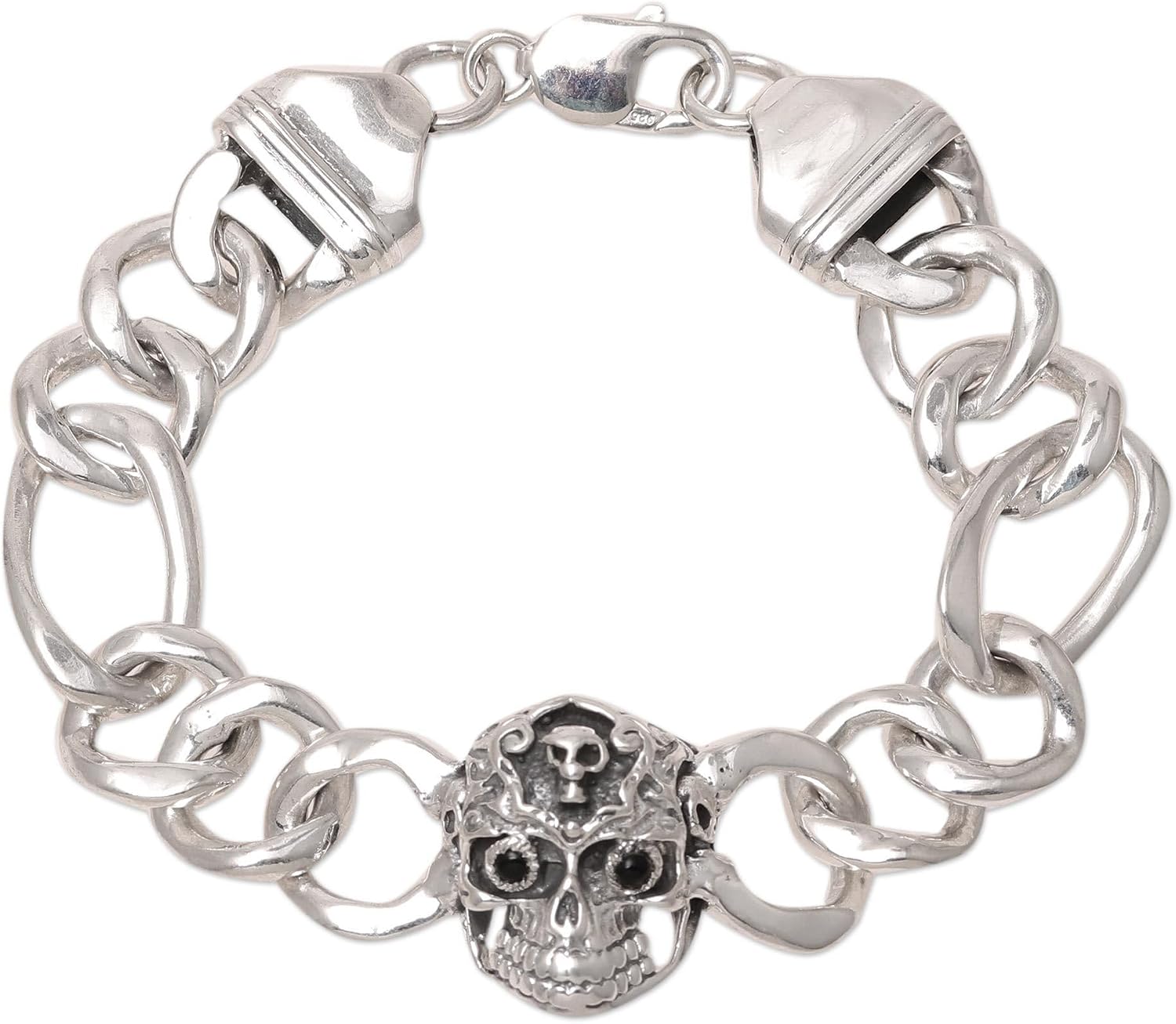 NOVICA Artisan Handmade Men's Onyx Pendant Bracelet Skull from India Sterling Silver Gemstone Halloween Day of The Dead Birthstone [8.75 in L x 1 in W Pendant(s) 1 in L x 1.9 in W x 0.4 in D] '