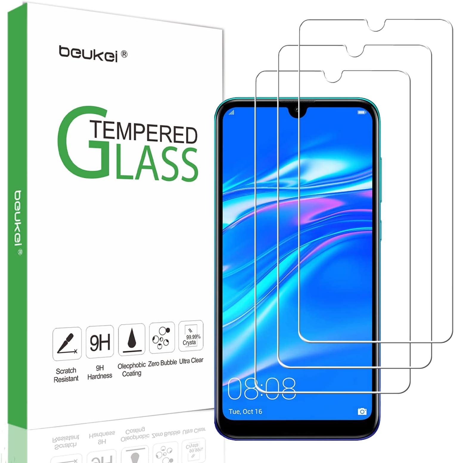 beukei (3 Pack) for Huawei Y7 2019 and Y7 Pro 2019 and Huawei Y7 Prime (2019) Screen Protector Tempered Glass,Full Screen Coverage, Anti Scratch, Bubble Free