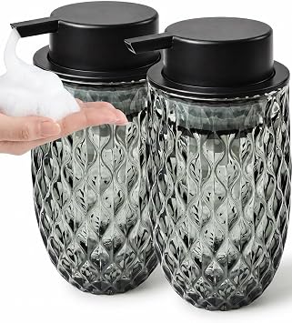 Glass Foaming Soap Dispenser, Grey Embossed Foam Hand Soap Dispenser, 2PCS | Refillable Foaming Soap Bottle, with Black Pump for Bathroom, Kitchen, Elegant Modern Home Decor, 12 OZ Large Capacity