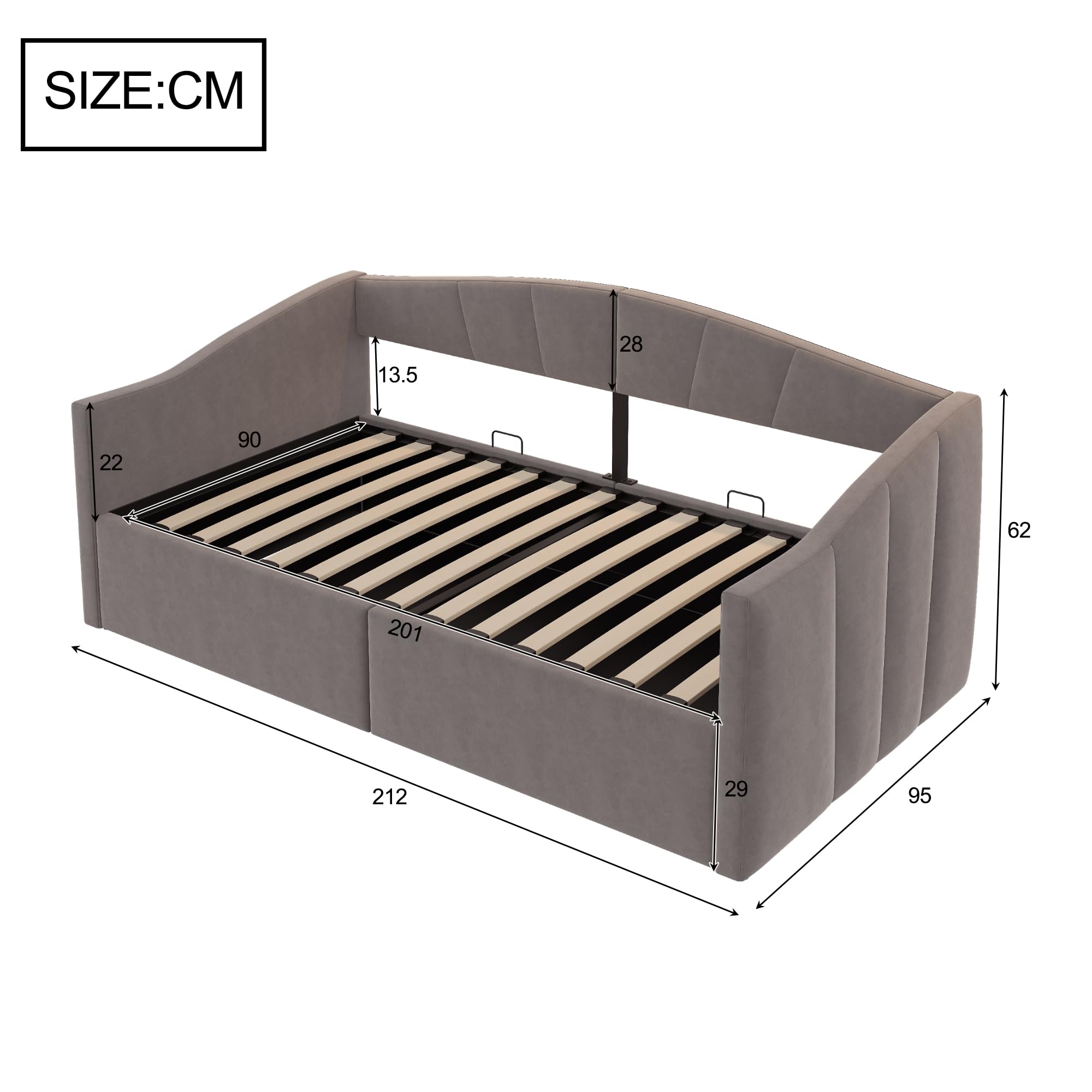 Schlafsofa Tagesbett 90x200 cm mit Hydraulischer Stauraum, Schlafcouch Bettgestell mit Lattenrost und Armlehnen, Sofabett mit Klassisch Gestreift, Samt, Grau, Ohne Matratze
