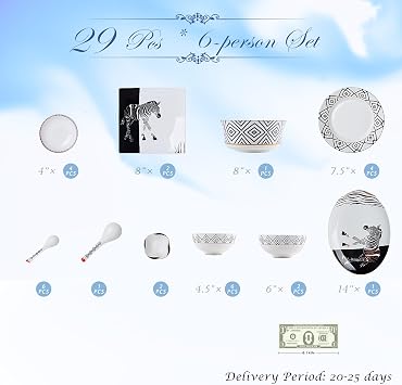 Fine Bone China Dinnerware Set,Porcelain&Ceramic Dinnerware Sets,Bone Stoneware & Ceramic Cookware Tableware Set Includes Dinner Plates|Spoons|Pasta Bowls|Soup Pot|Chopsticks (29PCS * 6-Person Set)