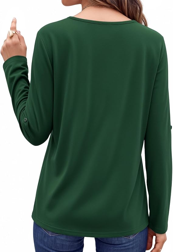 ALGALAROUND Womens Boho Lace Tunic Top Long Sleeve Notch V‑Neck Blouses UK