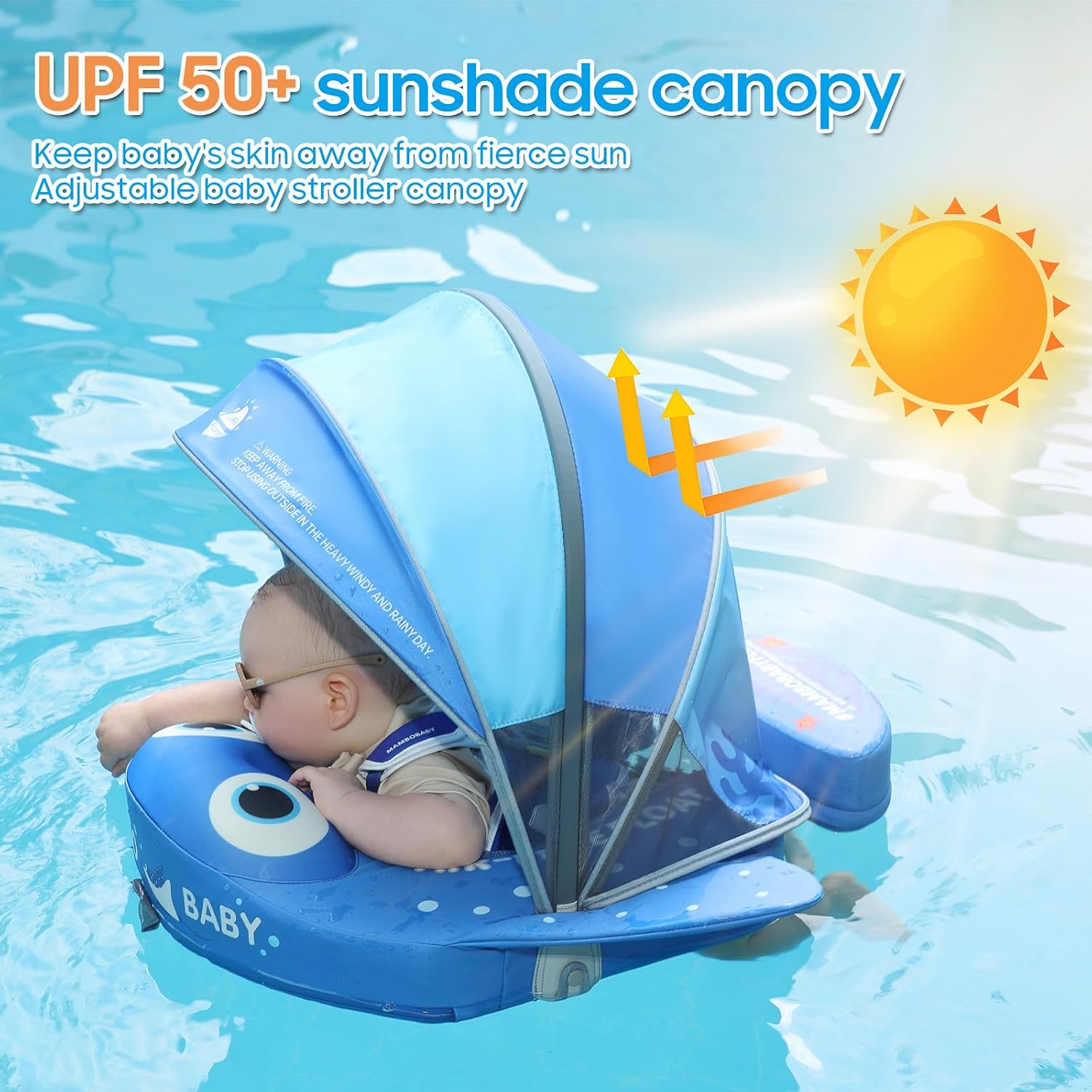 Mambobaby Float with Canopy and Tail New Upgraded Non-Inflatable Baby Pool Float Mambo Float Swim Trainer Solid Infant Swim Float Adjustable Pearl Foam Baby Swim Ring