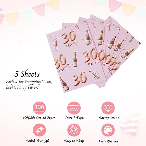 Miniatura 5 de Zayin Papel de regalo para cumpleaños número 30, 5 hojas de 27.6 x 19.7 in, color oro rosa, papel de regalo de feliz cumpleaños para niñas y