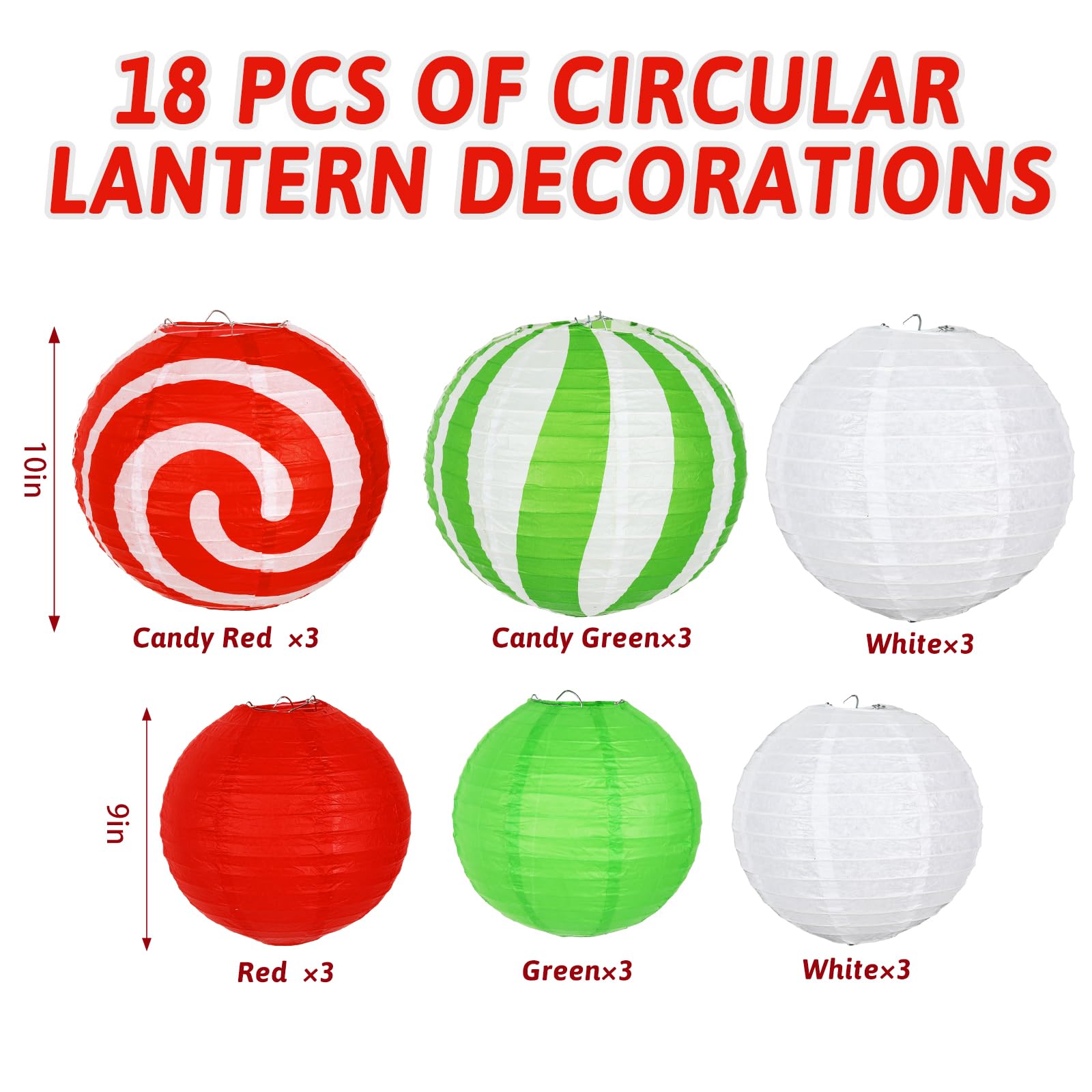 Whaline 18Pcs Christmas Paper Lanterns Red Green White Candy Canes Paper Lanterns 8 & 10 Inch Round Foldable Hanging Lanterns for Xmas Candyland Party Supplies