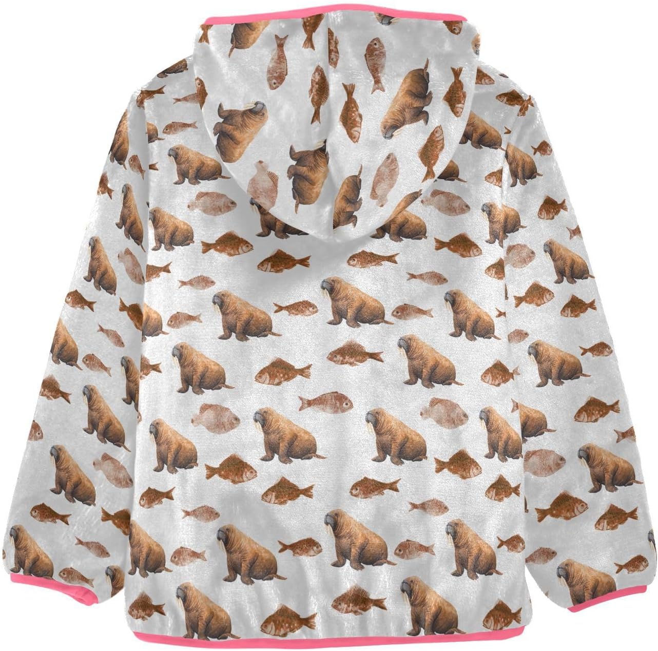 Girls Hoodie Outfit Brown Walrus and Fish Pattern Zipper Sweatshirt Coat Fleece Jacket for Kids 3-10T
