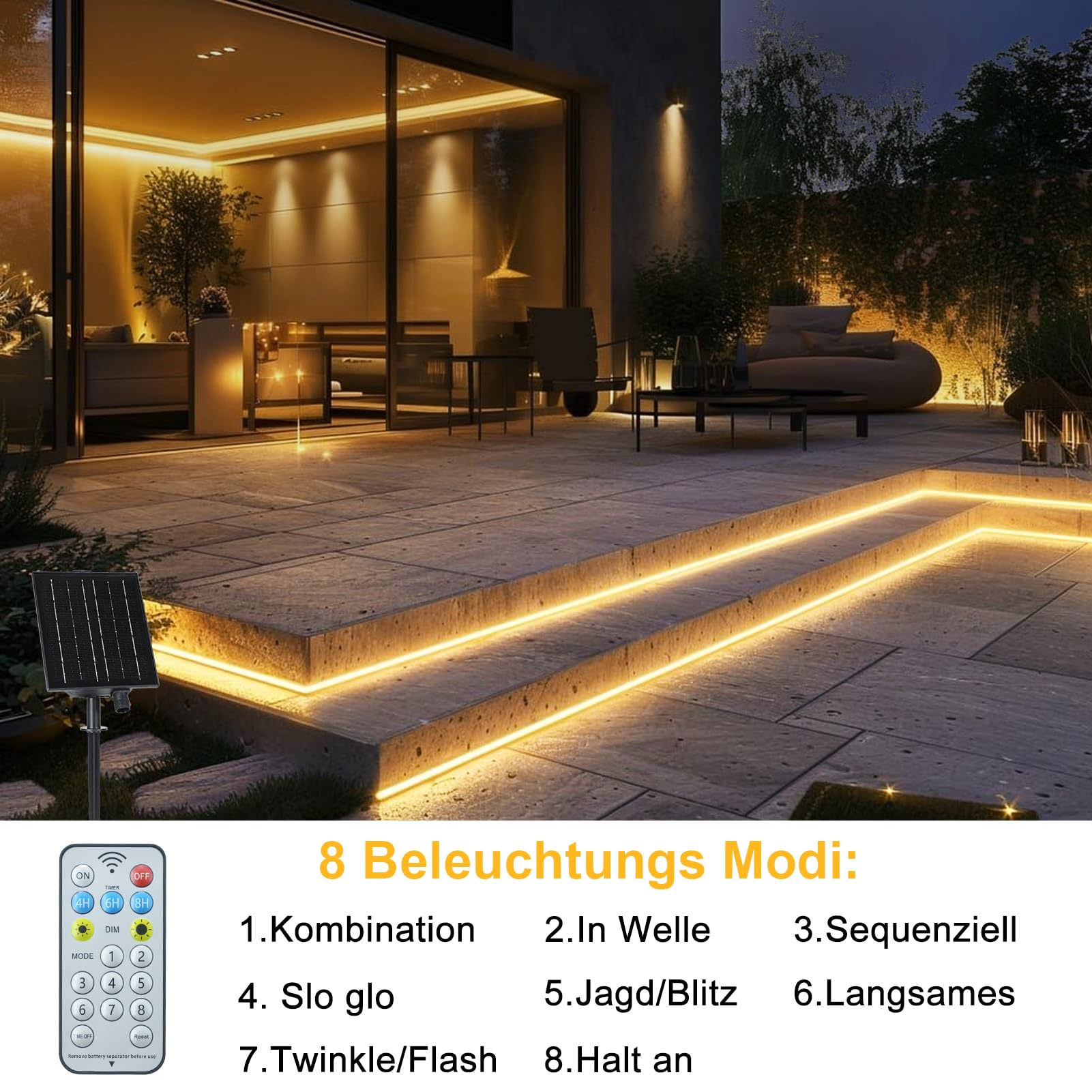 ZAIYW Zewnętrzna taśma solarna 10 m, wodoodporna IP68, 200 diod LED z pilotem zdalnego sterowania włączanie/wyłączanie, podwórko, dekoracja ogrodowa (ciepła biel)