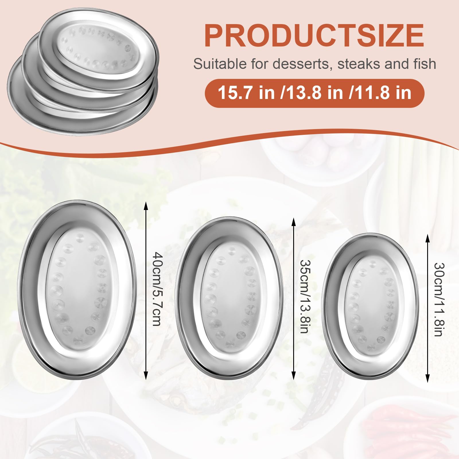 MAQUITA Set di 3 vassoi da portata in acciaio inox, grandi e ovali, set da portata ovale in metallo resistente, grande piatto lucido a specchio, 30,5 cm, 35,6 cm, 40,6 cm
