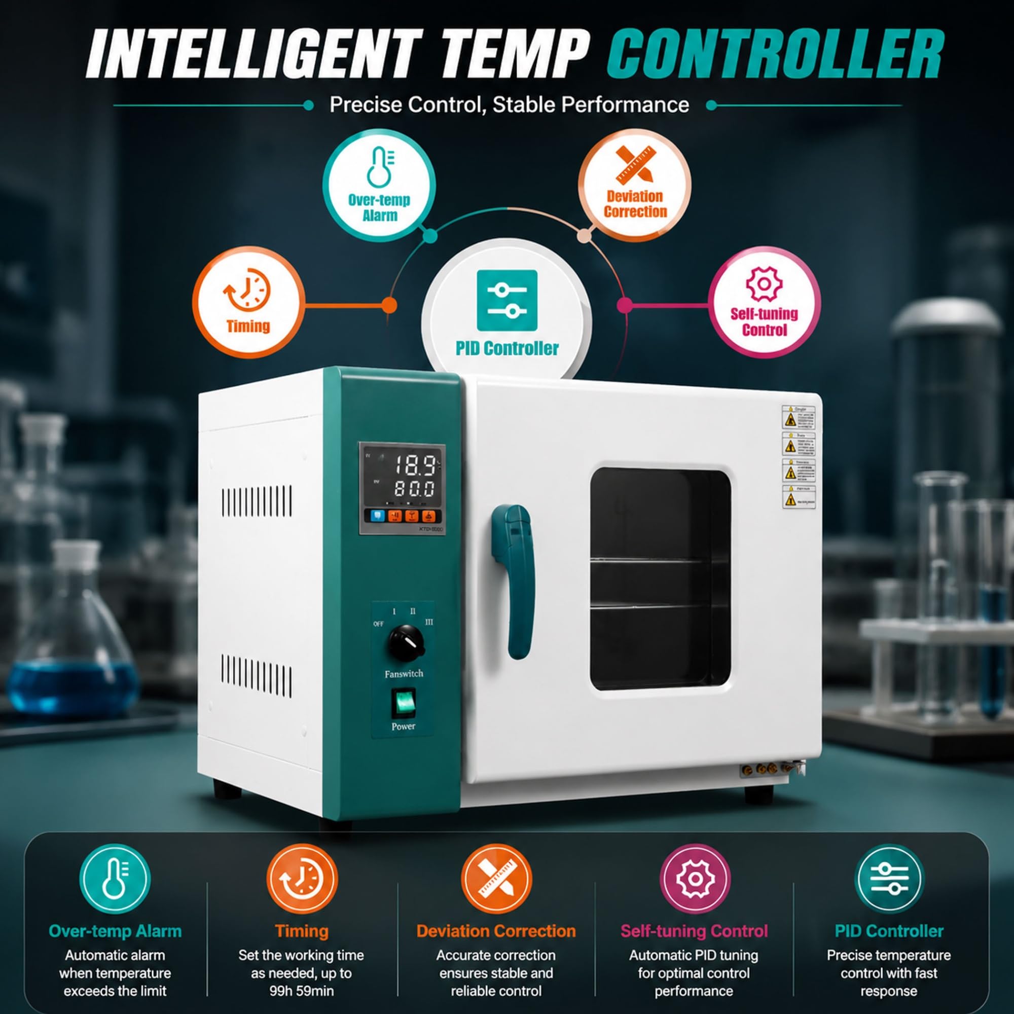 Forno essiccazione da laboratorio 110V 1000W 45L, forno polimerizzazione | Stufa essiccazione a convezione forzata 45L/12Gal con display LCD e doppio vetro temperato per industria e scuole