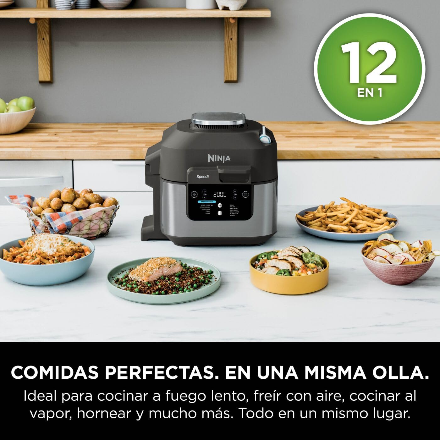 Ninja Speedi Olla Exprés Multifunción Rápida, Olla Eléctrica con Freidora Aire 5,7L, 10 en 1, Freidora sin Aceite, Horno, Cocción Lenta, al Vapor y más, 4 Porciones en 15min, Negro ON500EU