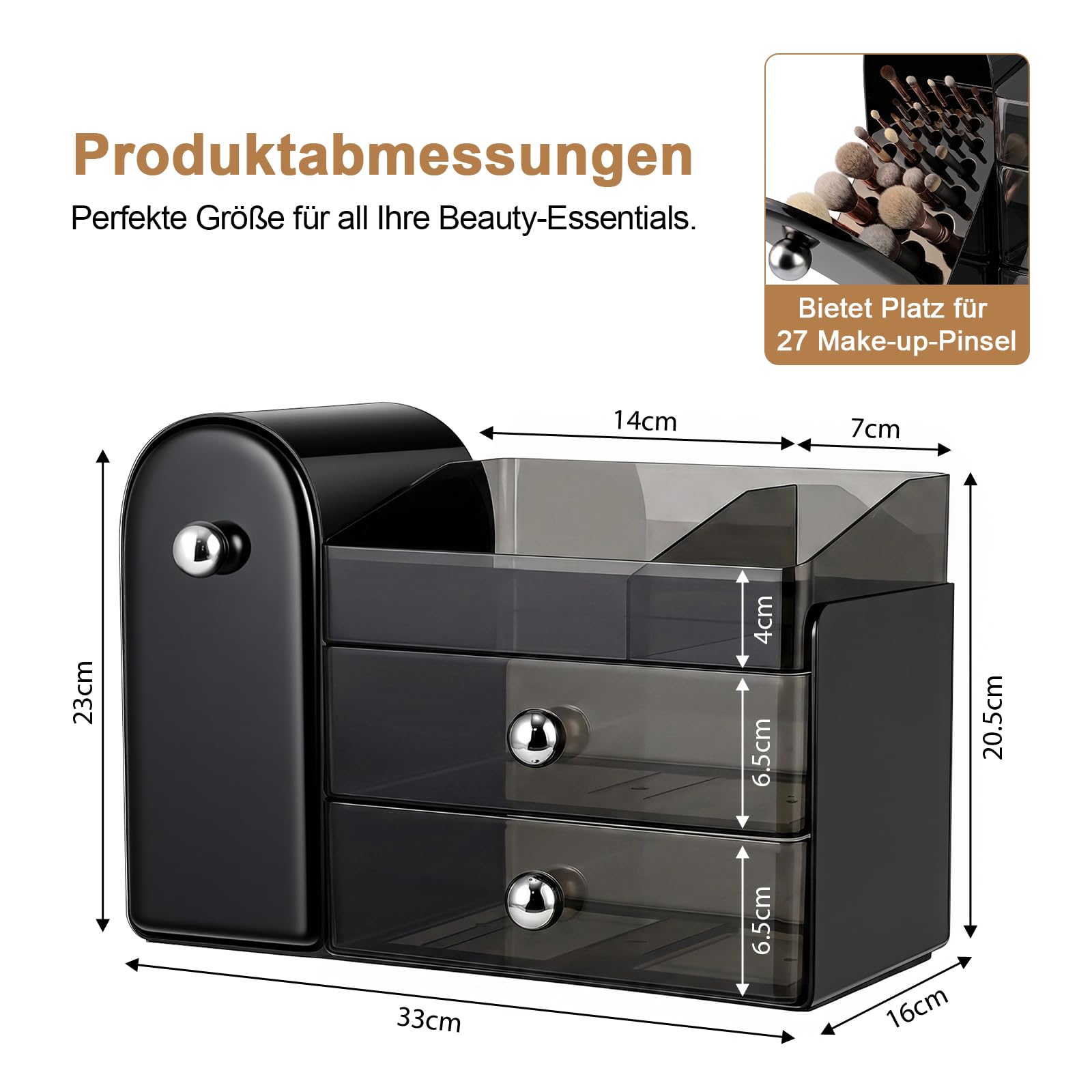 ERWEY Make Up Kosmetik Organizer mit Schubladen, Große Schminktisch Organizer Pinsel Aufbewahrung, Kosmetik Aufbewahrungsbox für Kommode Schminktisch Badezimmer (Schwarz)