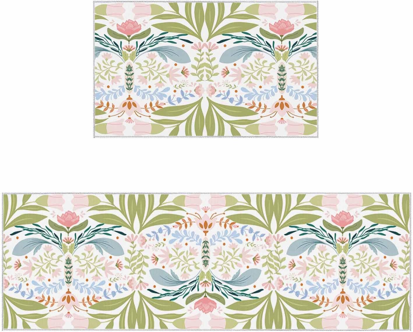 2 Pieces Kitchen Rugs and Mats,Retro Watercolor Flower Leaf Area Runner Rug Set Non Slip Floor Doormat Washable Carpet Standing Mat for Kitchen Sink Indoor Corridor,Boho Floral Botanical Theme
