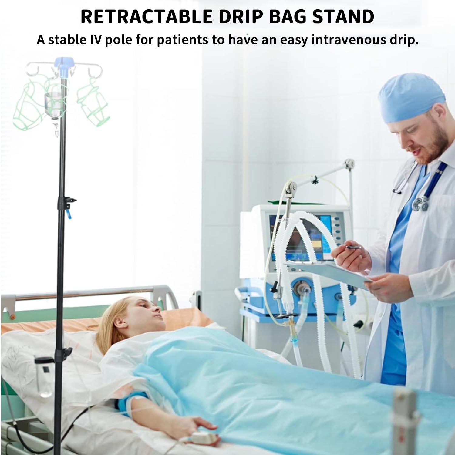 Support de perfusion portable, pliable, avec hauteur réglable, base de trépied pliable, 4 crochets, pour la maison, l'hôpital, la clinique (79 à 210 cm)