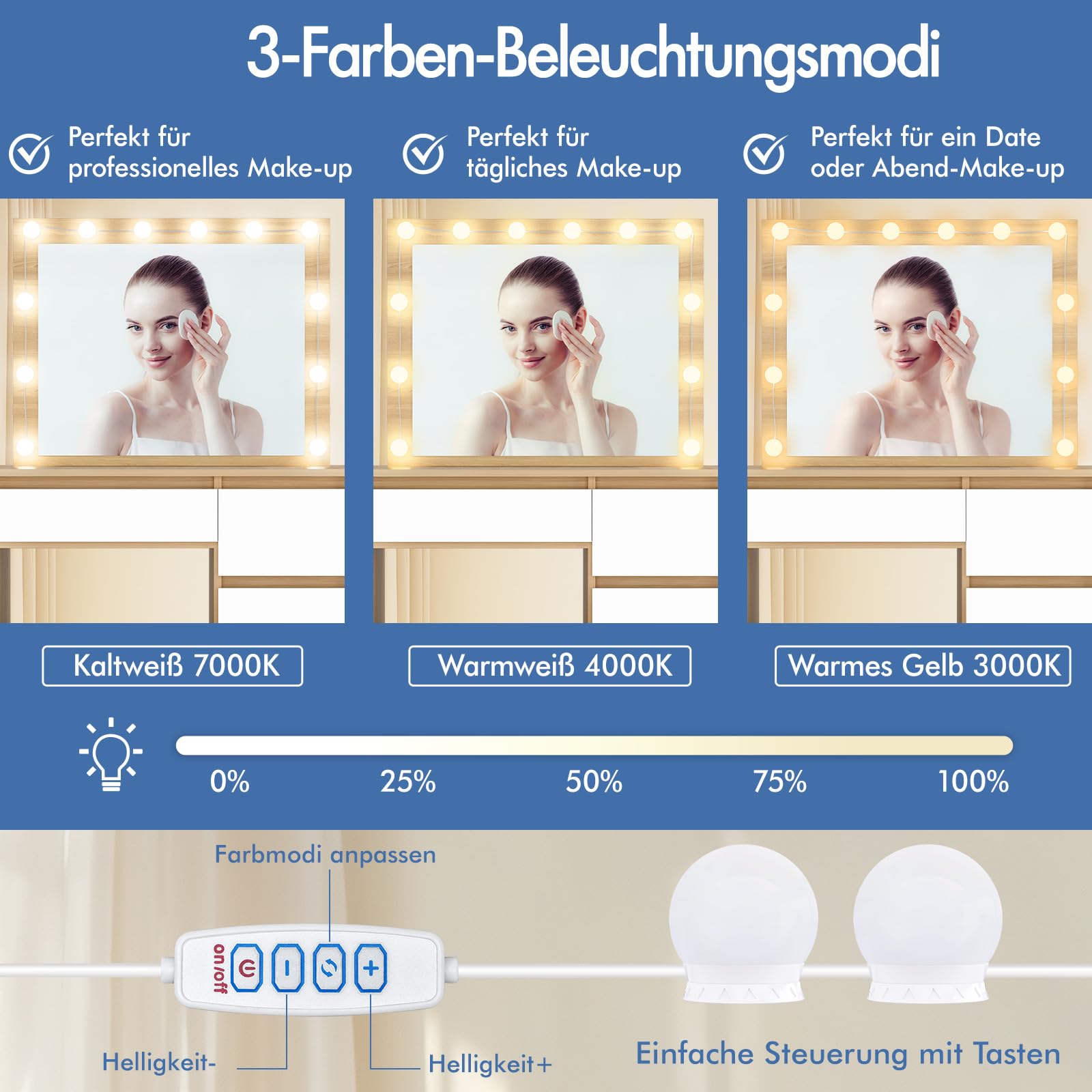ALFORDSON Schminktisch Spiegel, Makeup Vanity 4 Schubladen und Aufbewahrungshocker, 90 cm Lange Schreibtischplatte, verstellbare LED-Leuchten, Schlafzimmer-Frisiertisch Frauen Mädchen,Holzfarbe