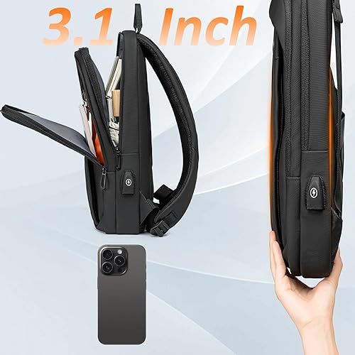 Miniatura 3 de FENRUIEN Mochila delgada para laptop para hombre, resistente al agua, ligera, con puerto de carga USB, bolsa negra para laptop de 15.6 pulgadas