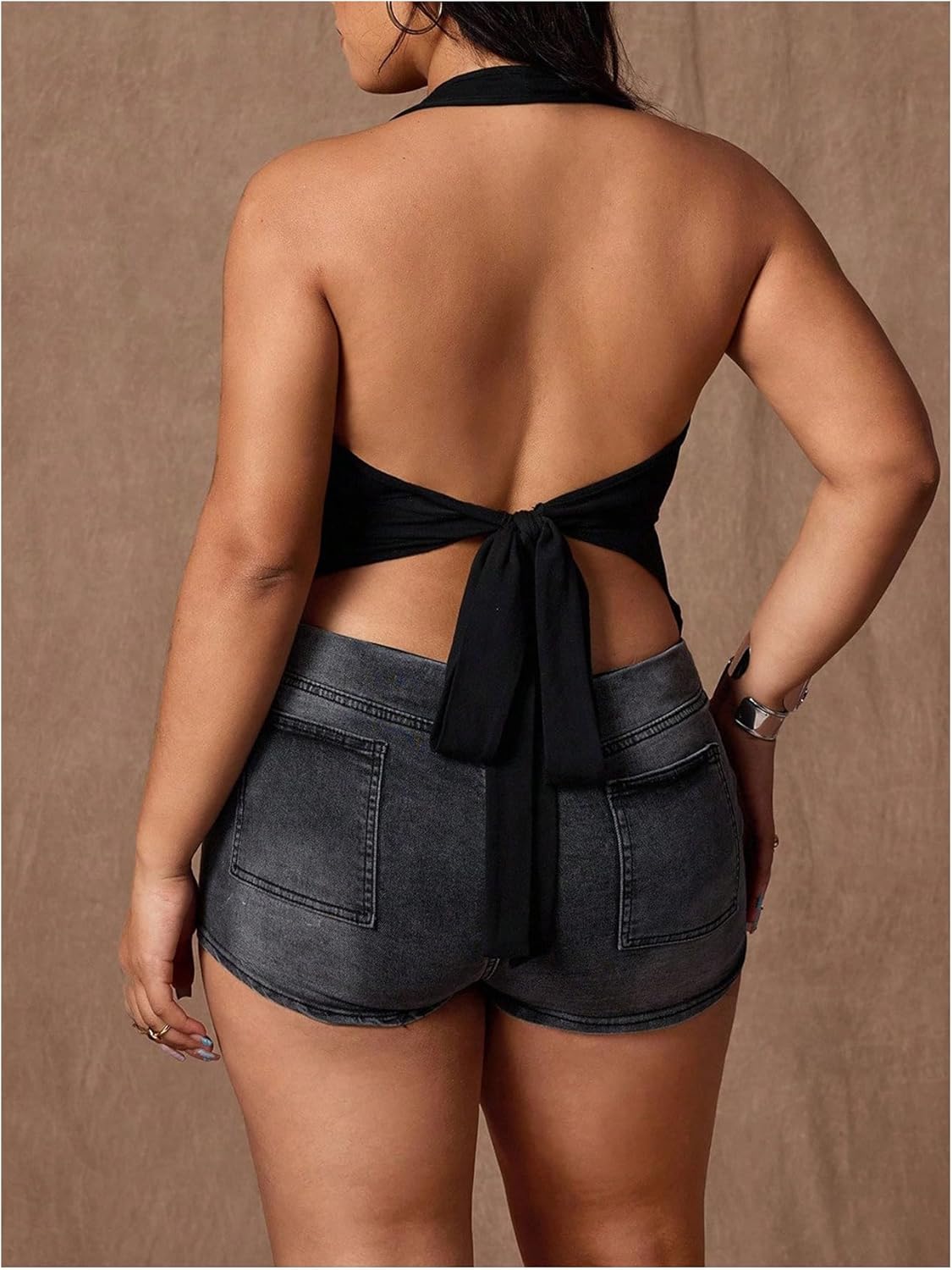 Women's Plus Size Metal Ring Halter Top Y2k Draped Front Backless Date Night Party Rave Club Tank Top - Image 2