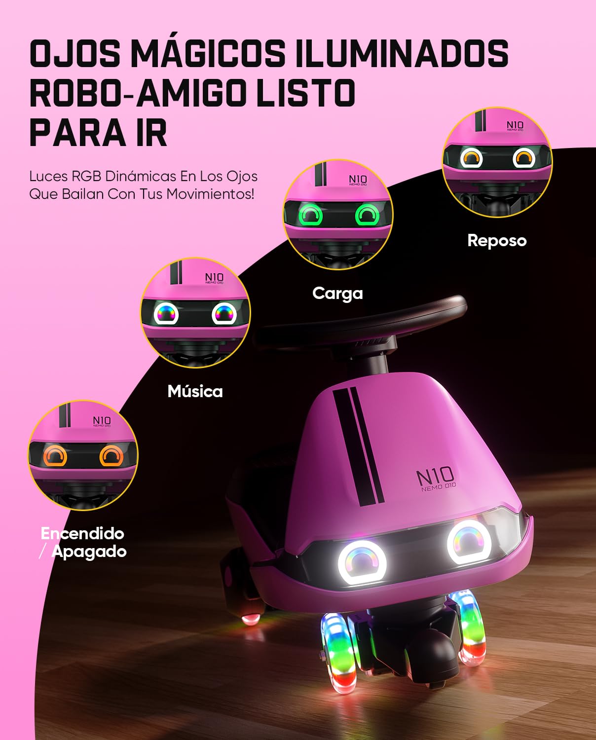 FanttikRide N10 Classic Coche Eléctrico para Niños con Mopa Desmontable, Pedal, Carga Tipo C, GlideWiz, Antivuelco, Ruedas Luminosas y Bluetooth | para Edades de 3+, Carga Máxima 68 KG,Rojo