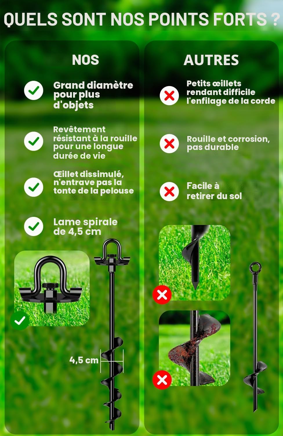 Piquets 40 cm 4 pièces avec Sangles, Double Fixation pour ancrages au Sol