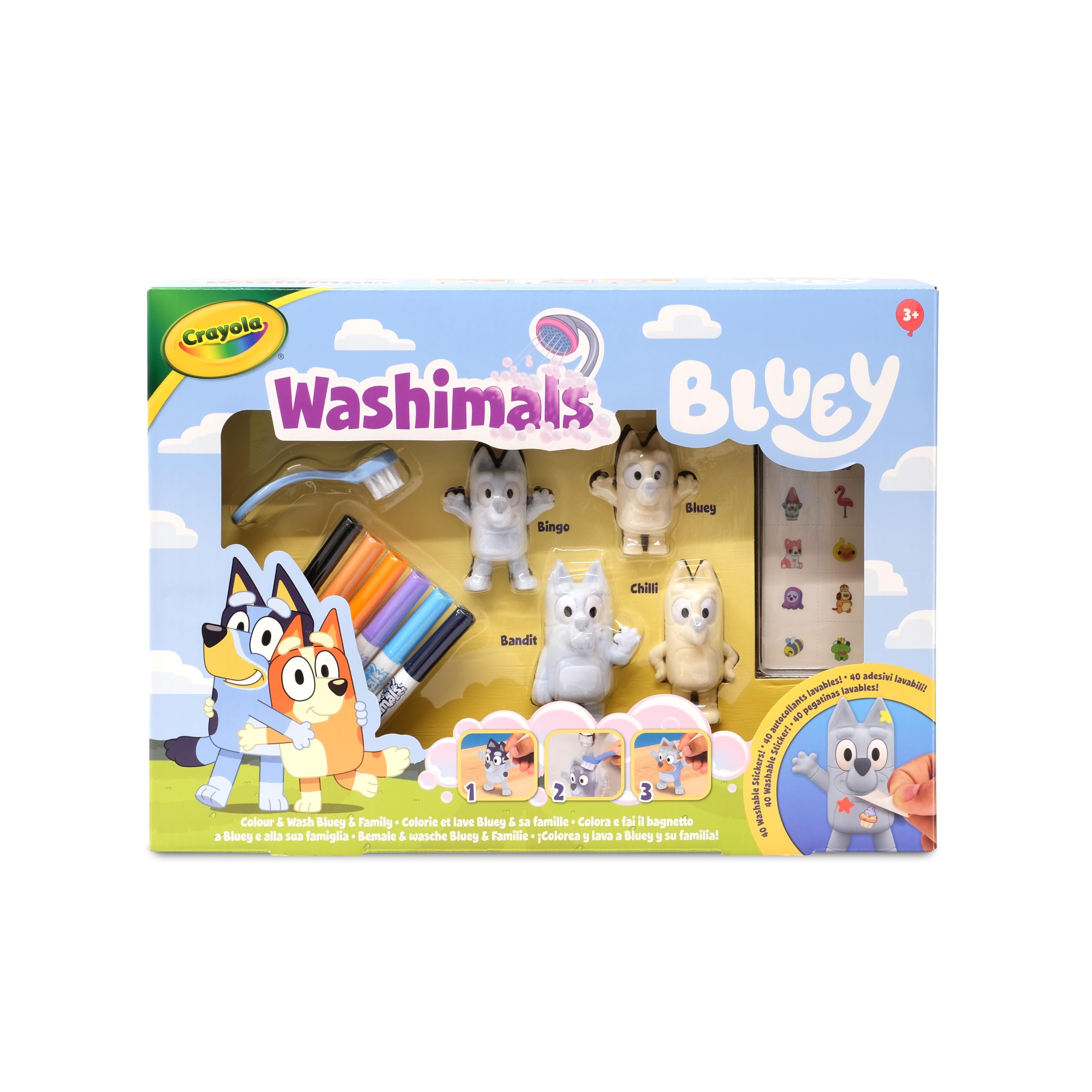 Crayola - Washimals Bluey, Set Attività con Adesivi e 4 cuccioli, 6 Pennarelli Lavabili, Adesivi e Spazzolina, Gioco e Regalo per Bambini, da 3 Anni, 74-0253