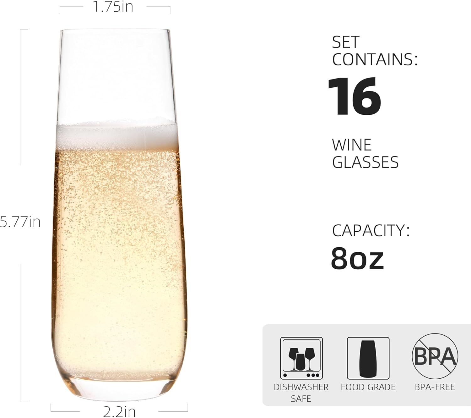 Stemless Champagne Flutes Set of 16, 8 oz Clear Toasting Glasses, Mimosa glasses - Image 2