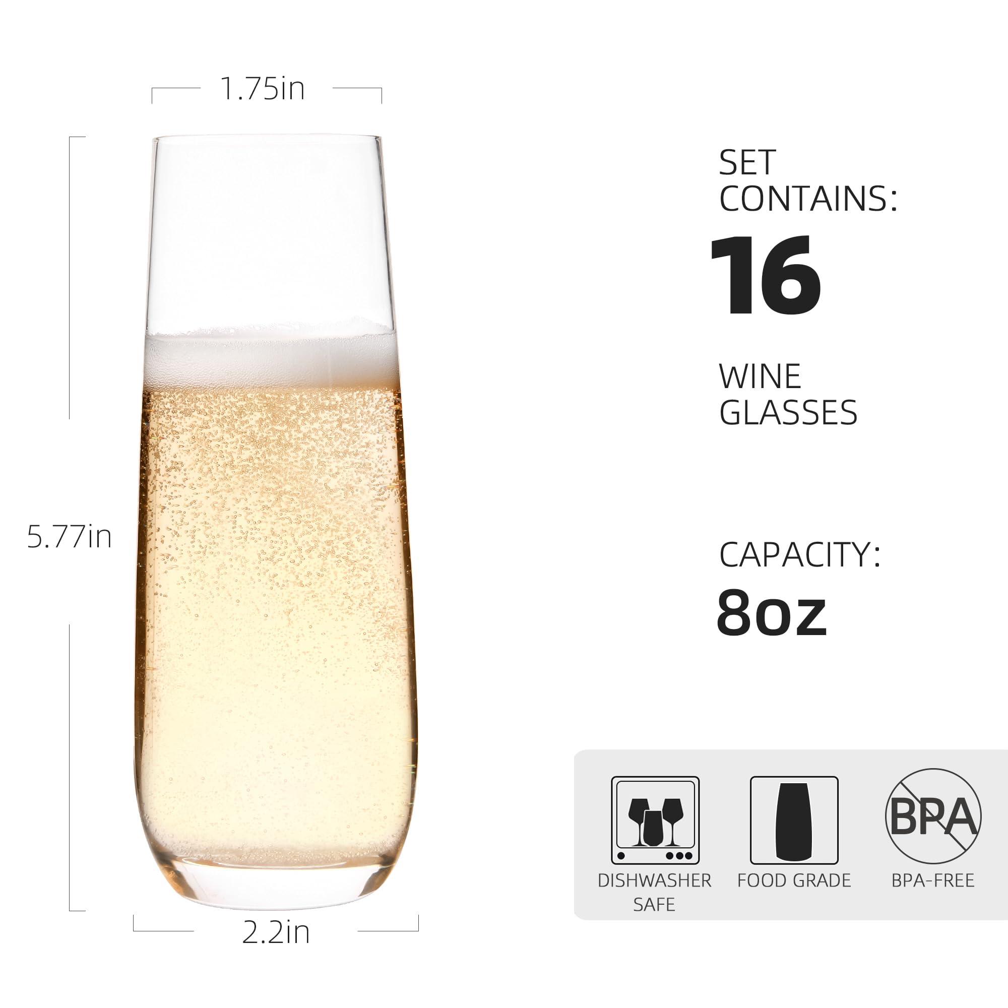 Juego de 16 copas de champán sin tallo, vasos transparentes de 8 onzas, vasos de mimosa