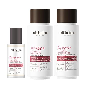 ALFHEIM Argan Repairing Shampoo, Conditioner & Oil 3-Pcs Set, Sulfate-Free & Paraben-Free, Argan Oil, Keratin & Niacinamide for Dry, Damaged, Color-Treated Hair, Hydrating, Strengthening & Anti-Frizz