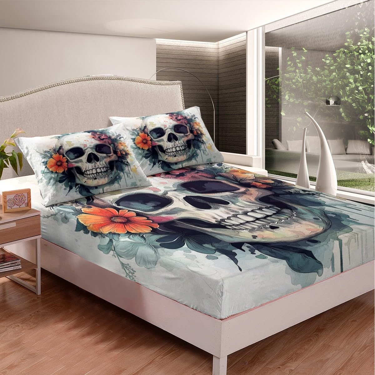 Skull Graffiti Fitted Sheet Twin Size Watercolor Daisy Flower Bedding Set Kids Room Decor Gothic Sugar Skeleton Bed Cover with 1 Pillowcase Modern Tie Dye Soft Polyester Bedding,No Top Sheet