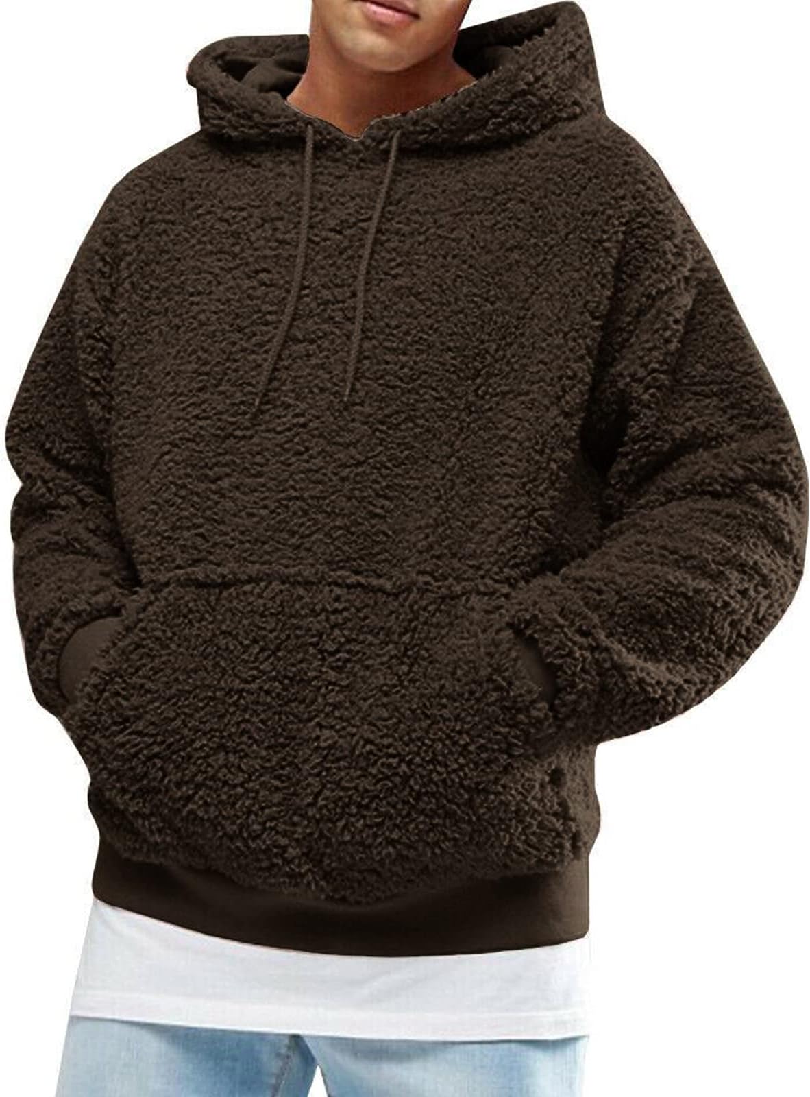 suanret Men Fluffy Hoodie Casual Sweatshirt Zip Up Outerwear Pullover Warm Jumper Coat Jacket Blouse Hooded Tops