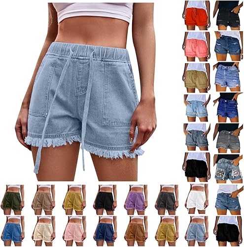 XUNRYAN Pantalones cortos de mezclilla ligeros para mujer, de verano, casuales, holgados, modernos, elásticos, de cintura alta, con cordón, cómodos