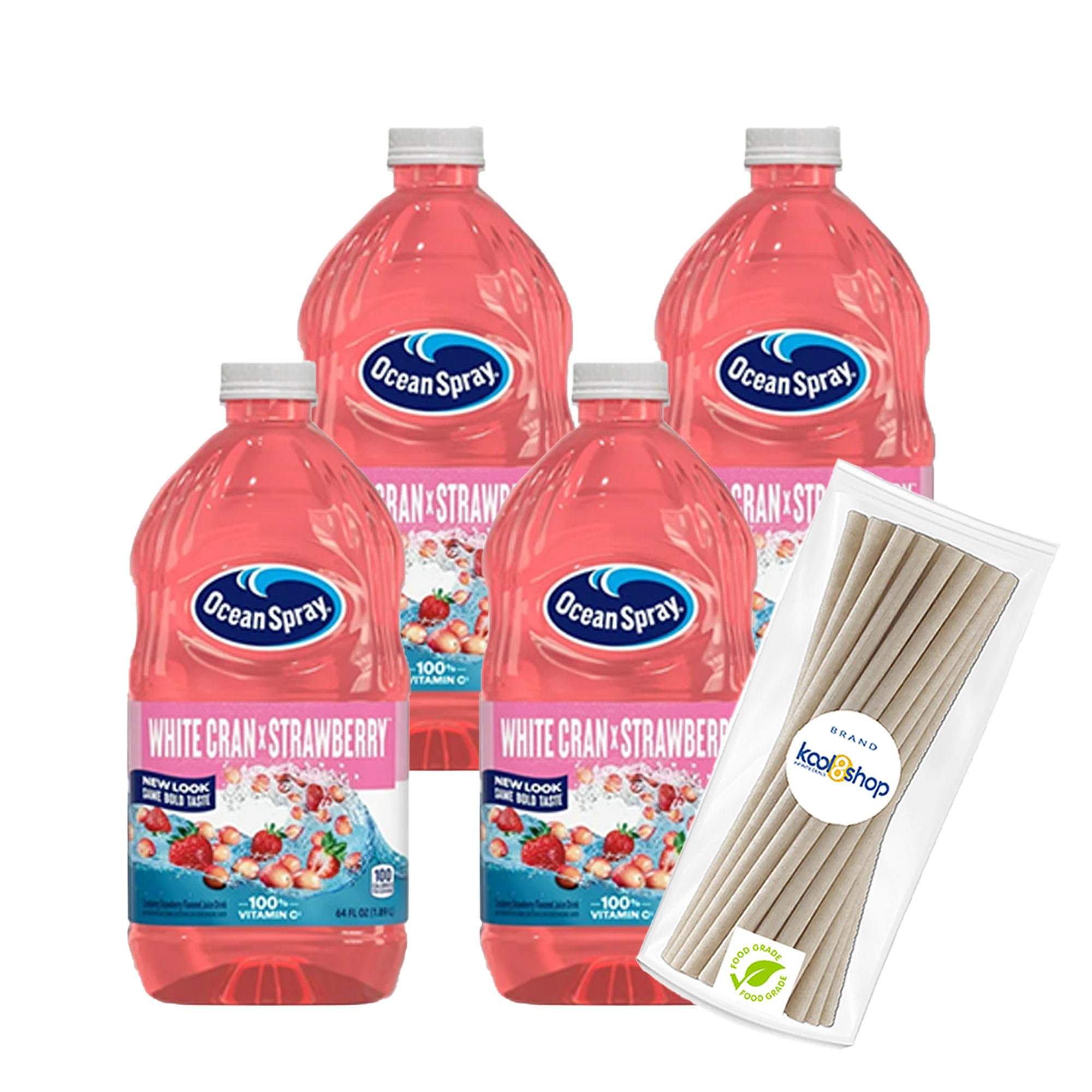 Juice White Cran Strawberry Drink 64 fl oz Plastic Bottles 4 Pack + 15 Sugarcane Compostable Biodegradable 7" Length Individual Wraped Straws by KOOL8SHOP Infinite Deals